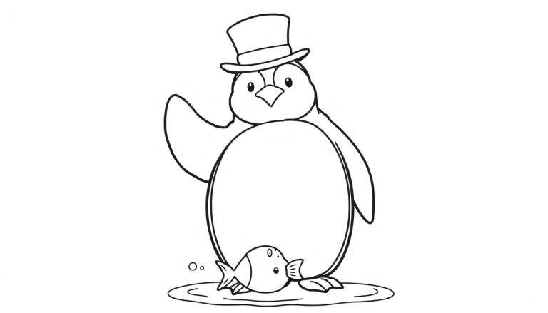Una placa de color de un pingüino con sombrero saludando, con un pez y burbujas.
