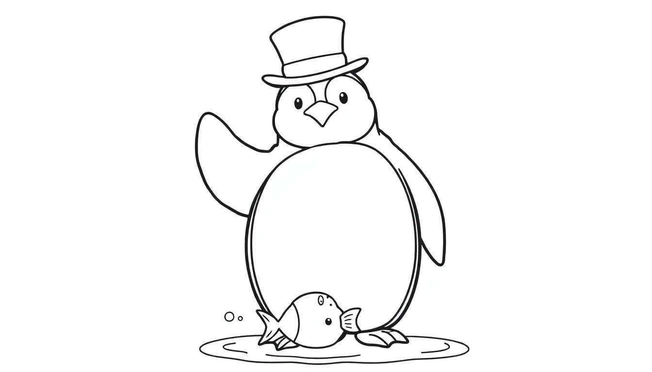 Una placa de color de un pingüino con sombrero saludando, con un pez y burbujas.