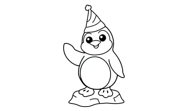 Un pingüino de dibujos animados con un gorro de fiesta, listo para colorear, en una placa de color blanco y negro.