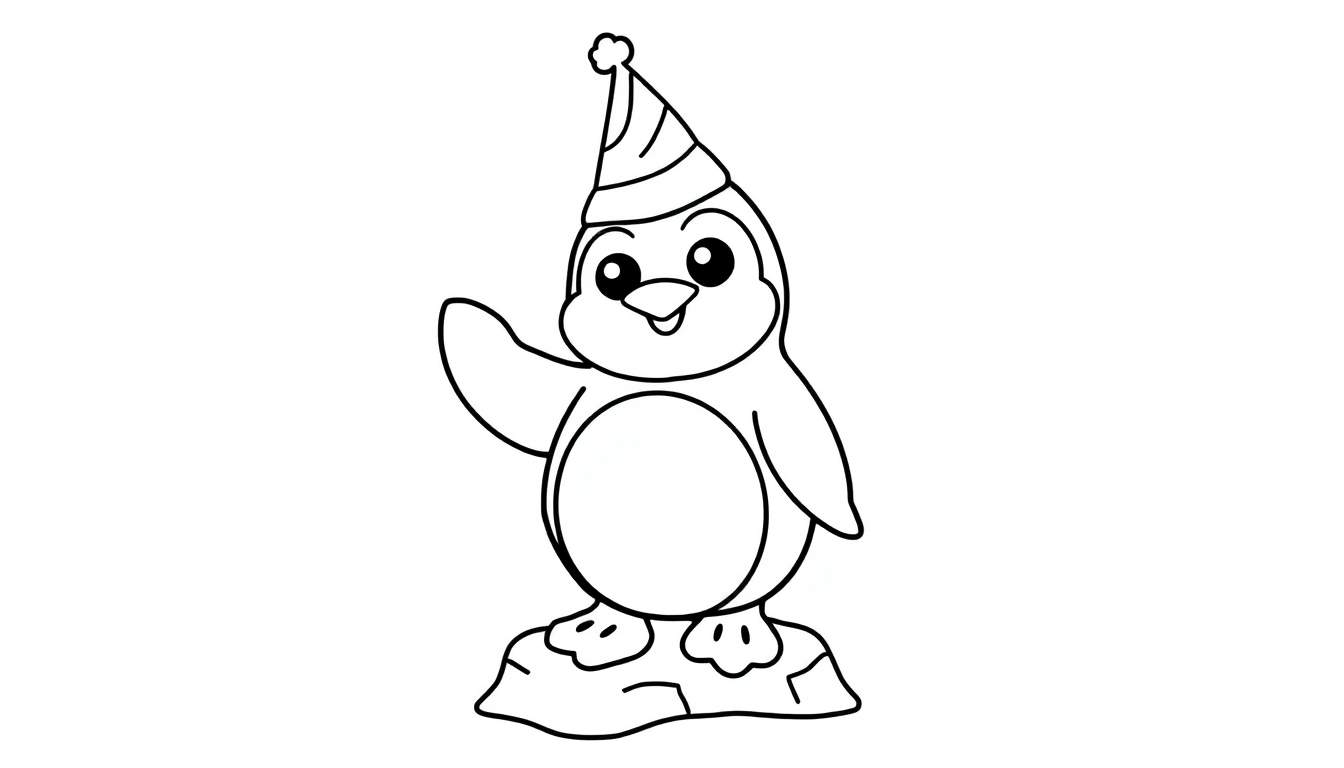 Un pingüino de dibujos animados con un gorro de fiesta, listo para colorear, en una placa de color blanco y negro.