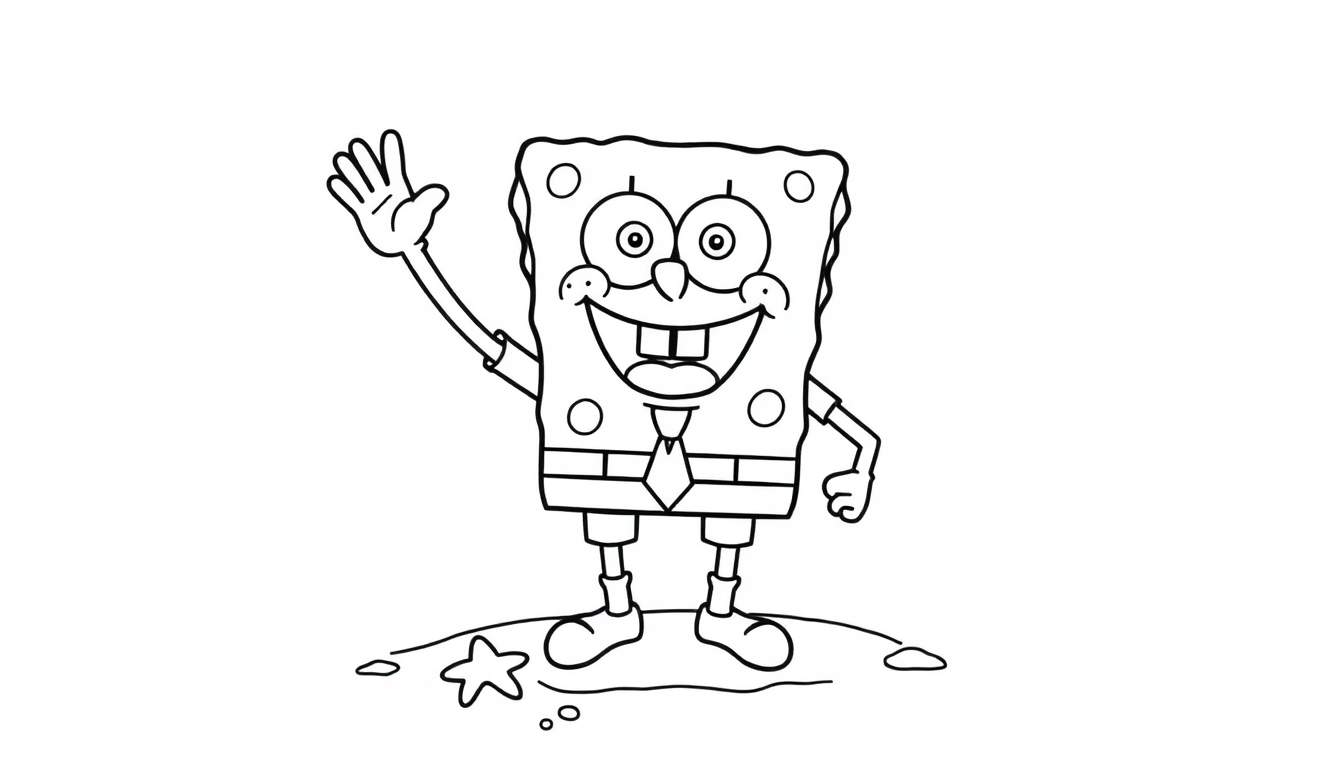Bob Esponja sonriente saludando, página para colorear de la placa de color.