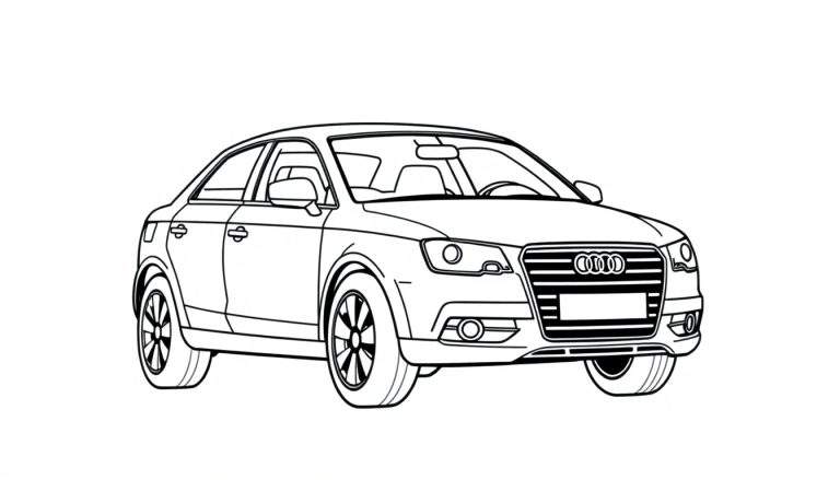 Un dibujo lineal en blanco y negro de un coche Audi clásico, listo para ser coloreado con la placa de color.