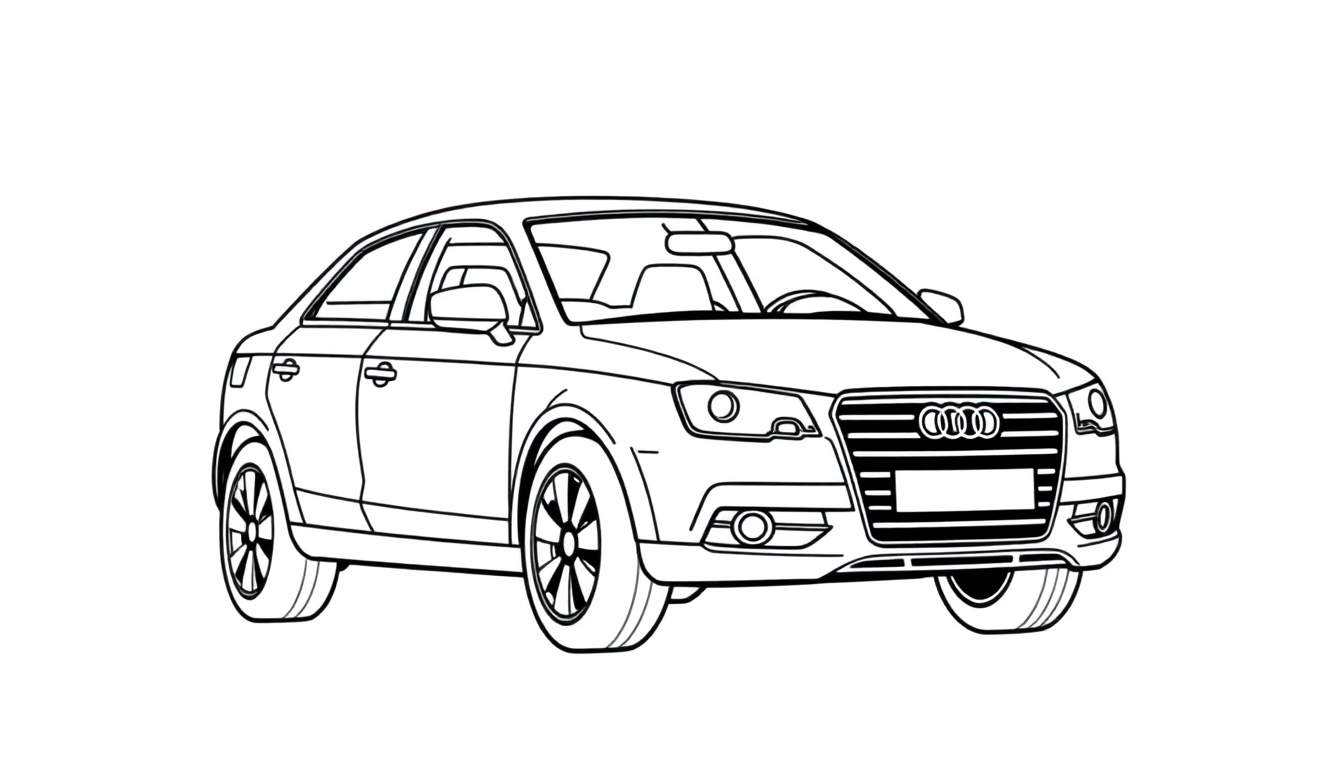 Un dibujo lineal en blanco y negro de un coche Audi clásico, listo para ser coloreado con la placa de color.