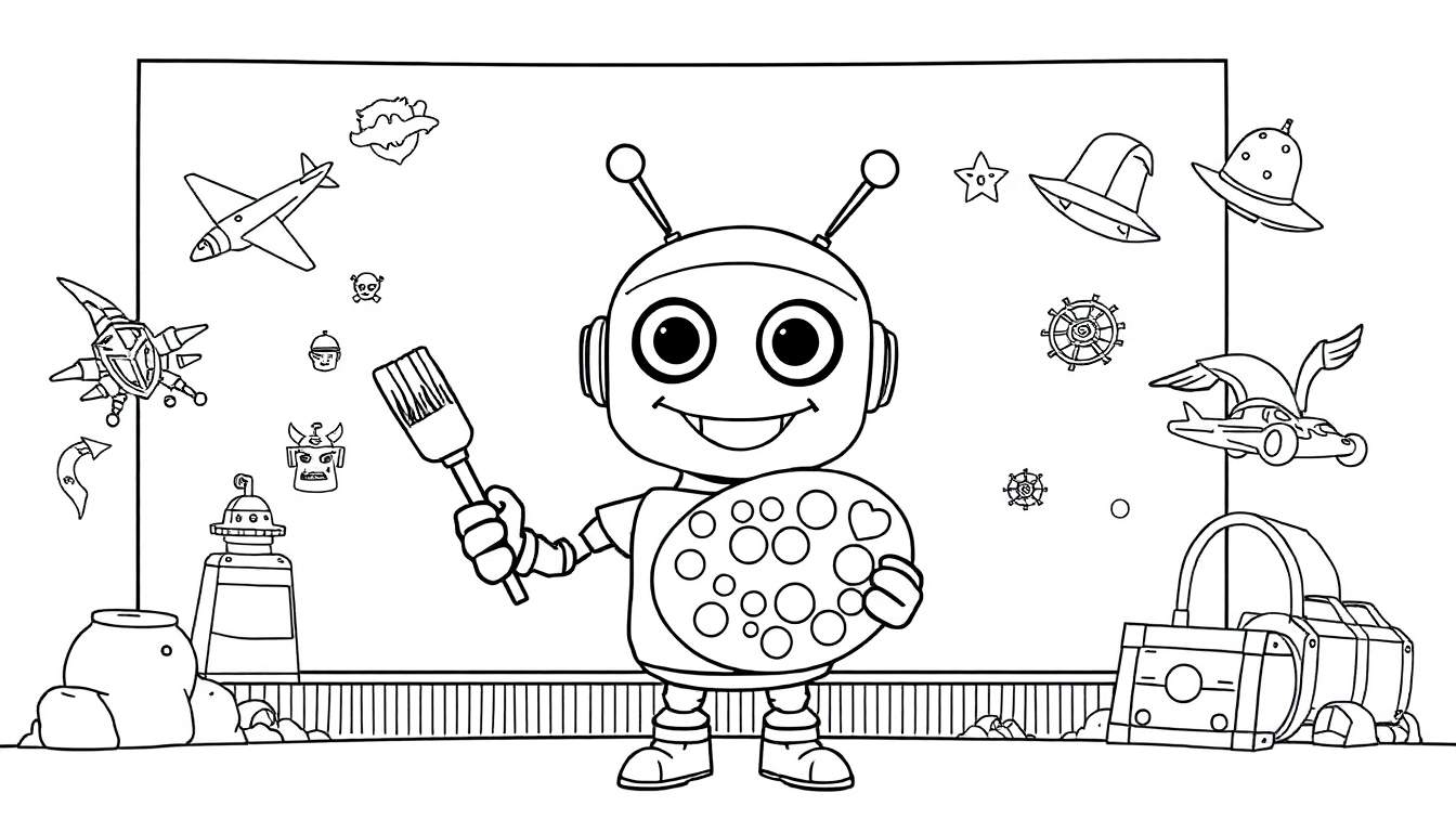 Robot amigable sosteniendo pincel y paleta de colores, listo para pintar una placa de color.