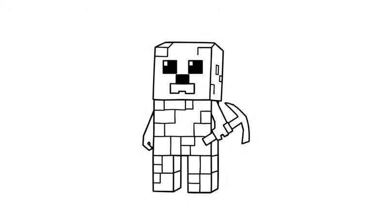 Placa de color: Dibujo lineal de un personaje de Minecraft con aspecto de roca sosteniendo un pico.