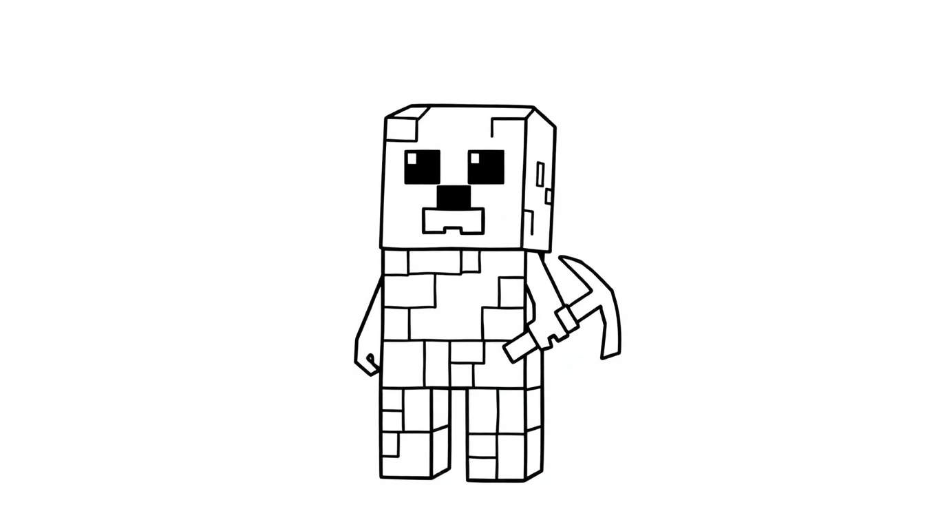 Placa de color: Dibujo lineal de un personaje de Minecraft con aspecto de roca sosteniendo un pico.