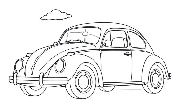 Un Volkswagen escarabajo clásico dibujado para colorear, con una nube sonriente, listo para que le des vida con la placa de color.