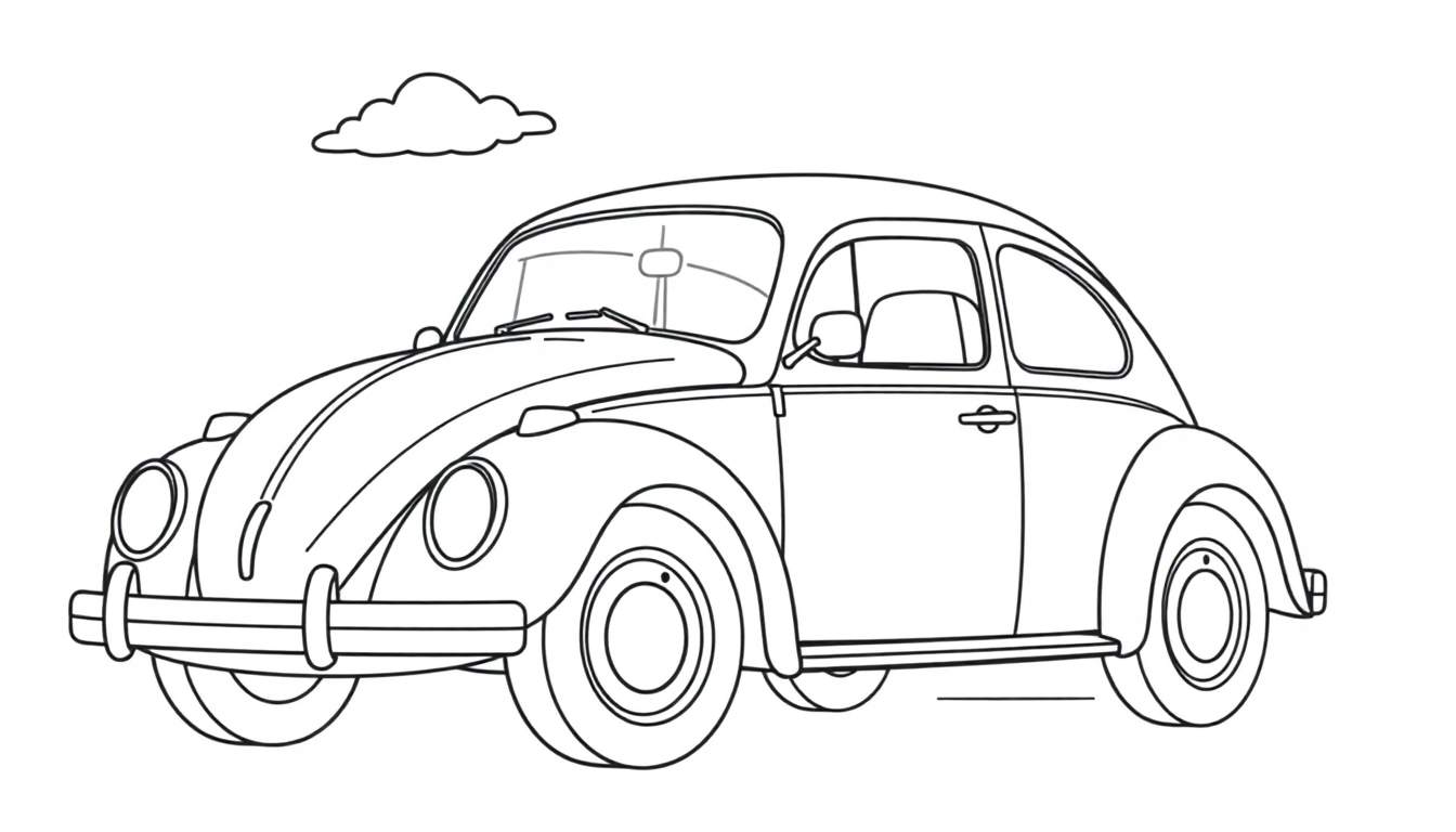 Un Volkswagen escarabajo clásico dibujado para colorear, con una nube sonriente, listo para que le des vida con la placa de color.