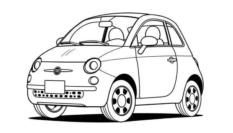 Un dibujo lineal de un coche Fiat 500 clásico, listo para colorear, con la palabra placa de color en la parte inferior.