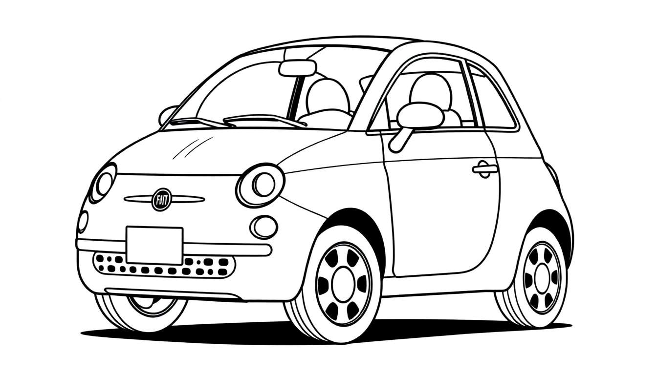 Un dibujo lineal de un coche Fiat 500 clásico, listo para colorear, con la palabra placa de color en la parte inferior.