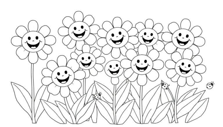 Placa de color de flores sonrientes con mariquitas