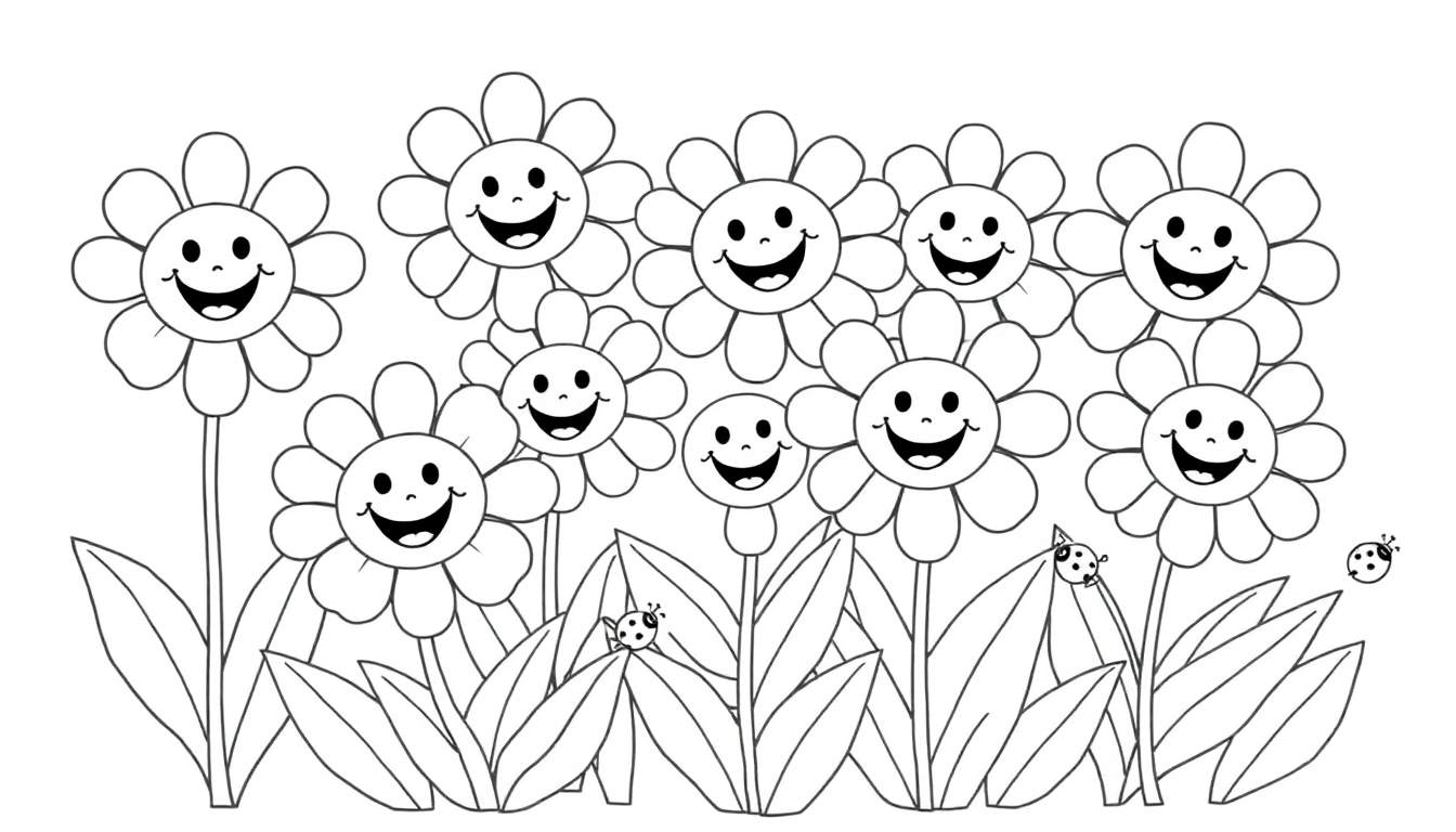 Placa de color de flores sonrientes con mariquitas