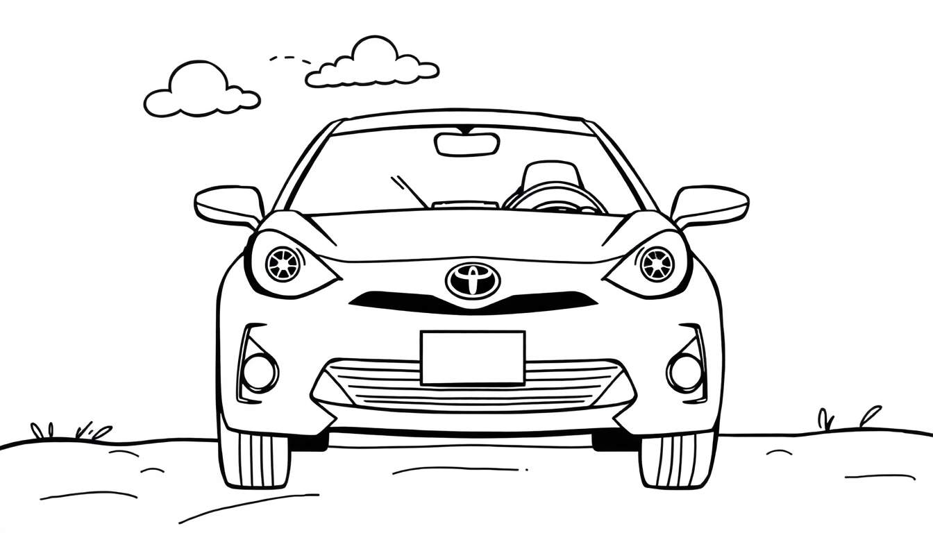 Página para colorear de un coche Toyota sonriente con nubes, listo para ser pintado con colores vibrantes.