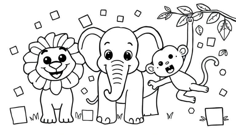 Página para colorear con un león sonriente, un elefante con grandes orejas y un mono colgado de una rama, rodeados de piezas de mosaico de colores.