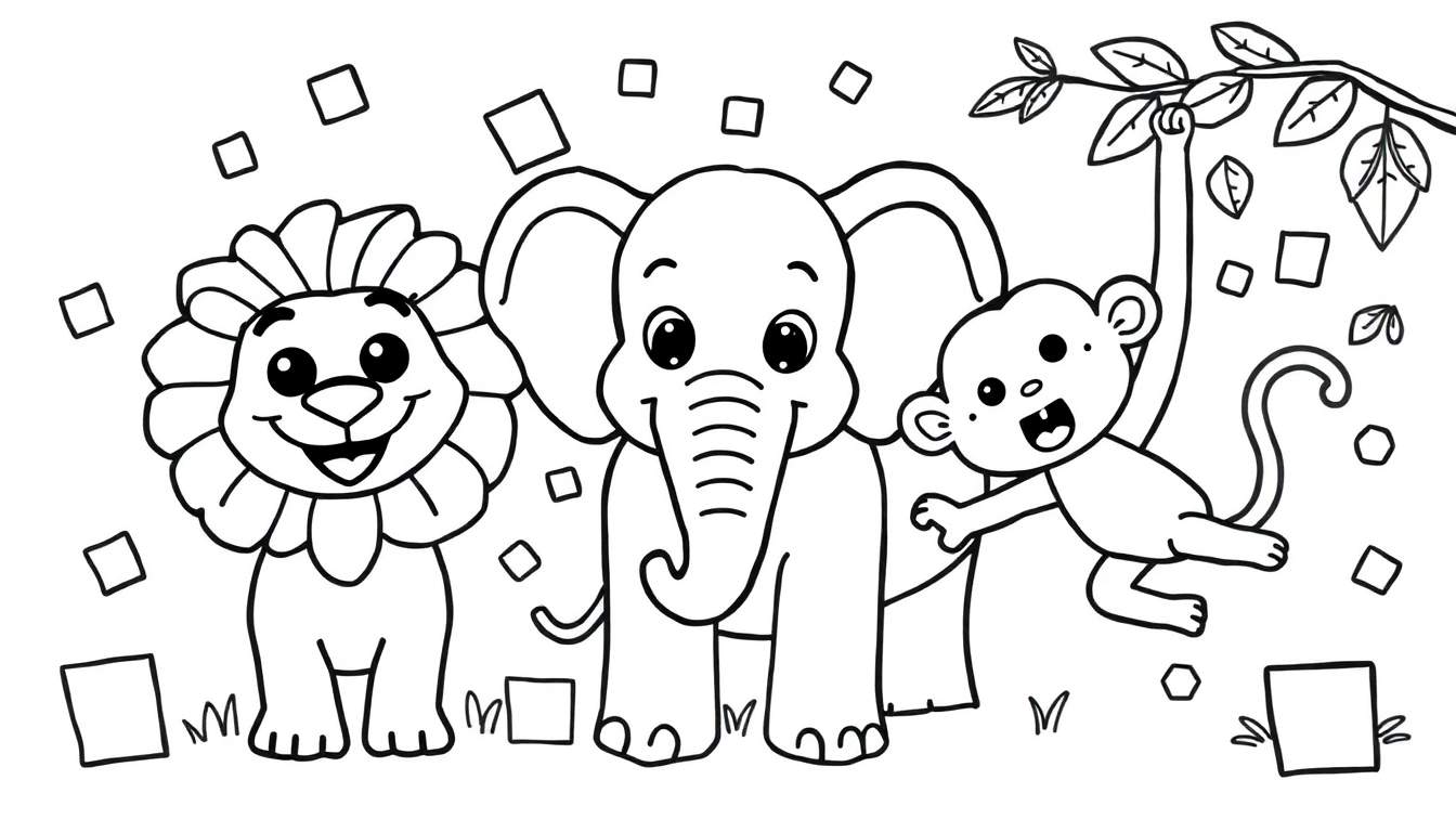 Página para colorear con un león sonriente, un elefante con grandes orejas y un mono colgado de una rama, rodeados de piezas de mosaico de colores.
