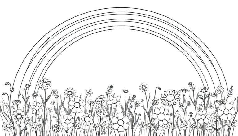 Un campo de flores dibujado en blanco y negro, con un arcoíris de líneas curvas encima, perfecto para colorear con la placa de color.