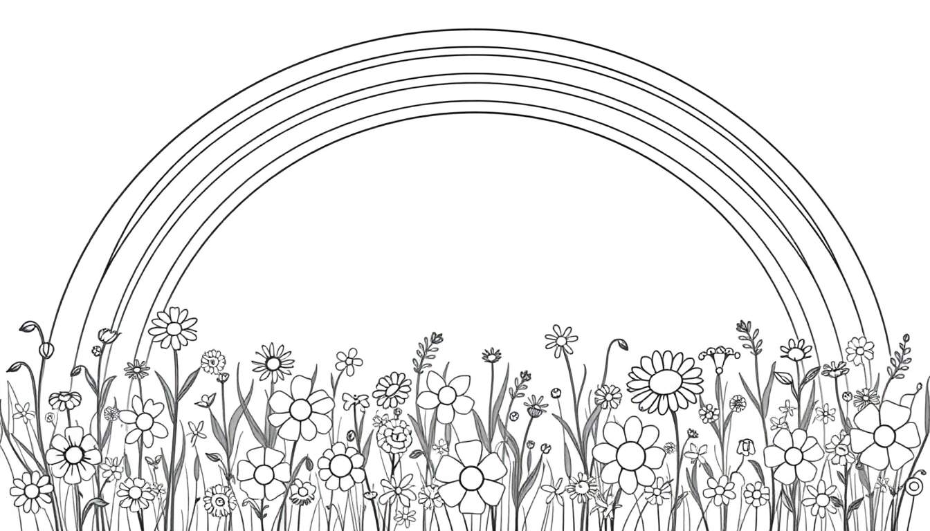 Un campo de flores dibujado en blanco y negro, con un arcoíris de líneas curvas encima, perfecto para colorear con la placa de color.