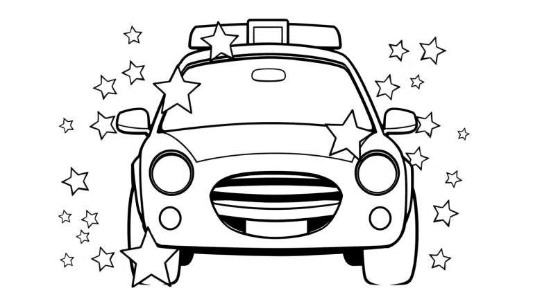Un coche de policía de dibujos animados listo para ser coloreado, con muchas sirenas y estrellas flotando a su alrededor.