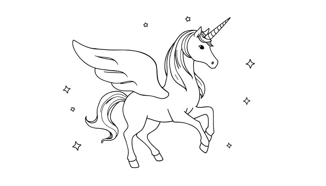 Un unicornio alado con un cuerno brillante y alas desplegadas, rodeado de estrellas, listo para ser coloreado. Placa de color mágica.