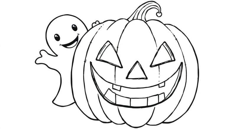 Placa de color para colorear: Calabaza de Halloween sonriente con un fantasma amistoso asomándose.