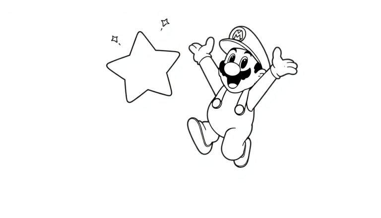 Placa de color de Mario saltando de alegría con una estrella.
