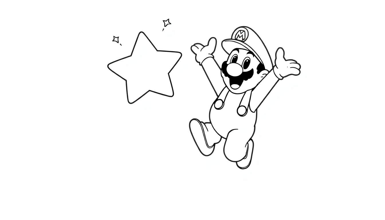 Placa de color de Mario saltando de alegría con una estrella.