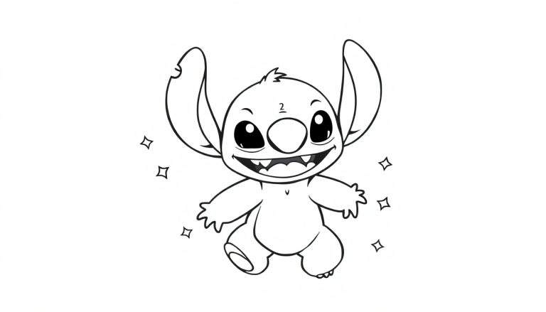 Una placa de color de Stitch sonriendo con los brazos abiertos y pequeñas estrellas a su alrededor.