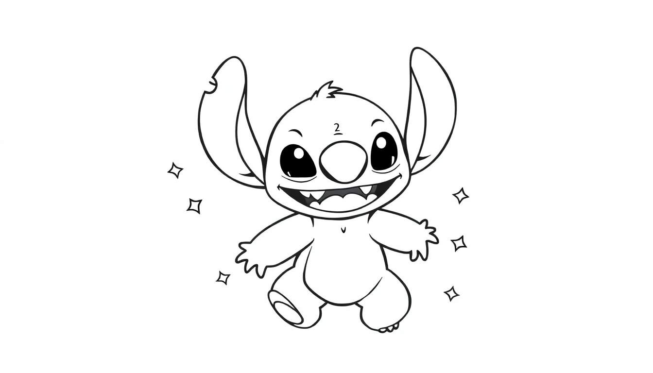Una placa de color de Stitch sonriendo con los brazos abiertos y pequeñas estrellas a su alrededor.