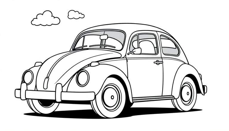 Un escarabajo Volkswagen clásico para colorear con líneas gruesas, listo para ser llenado con la placa de color.