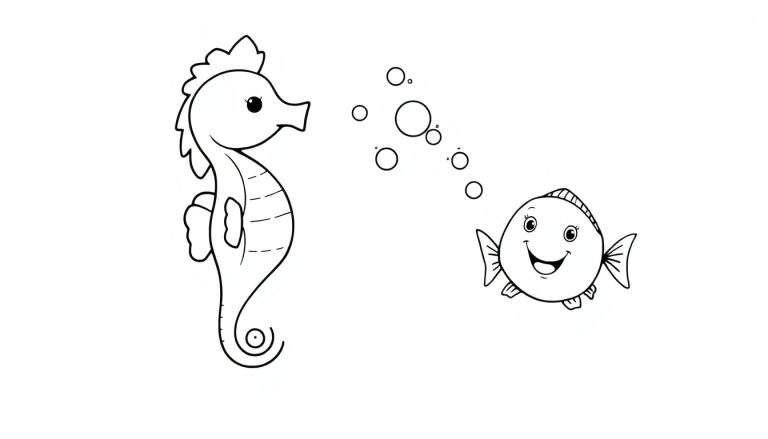 Página para colorear de un caballito de mar bailando con un pez burbujeante, listo para ser pintado con colores vibrantes.