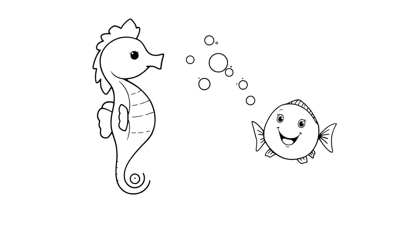 Página para colorear de un caballito de mar bailando con un pez burbujeante, listo para ser pintado con colores vibrantes.