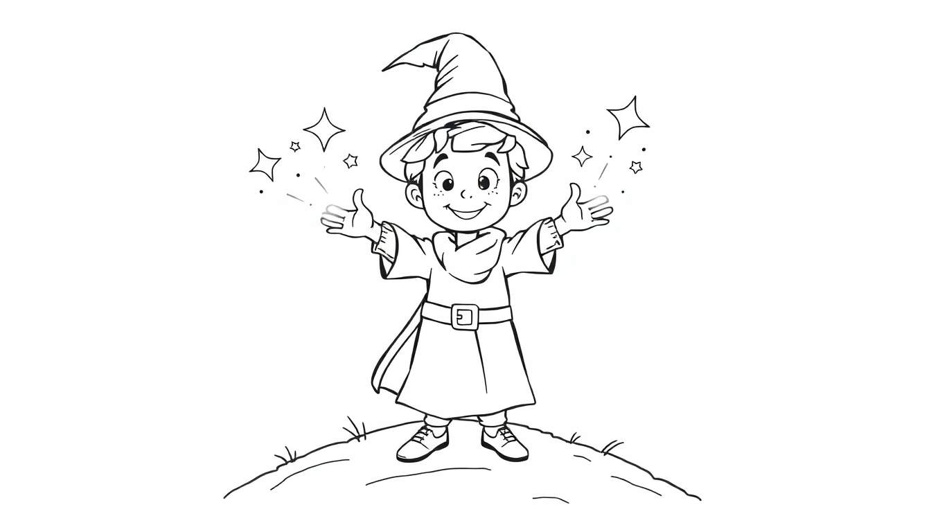 Un niño mago sonriente lanzando estrellas brillantes en una placa para colorear.