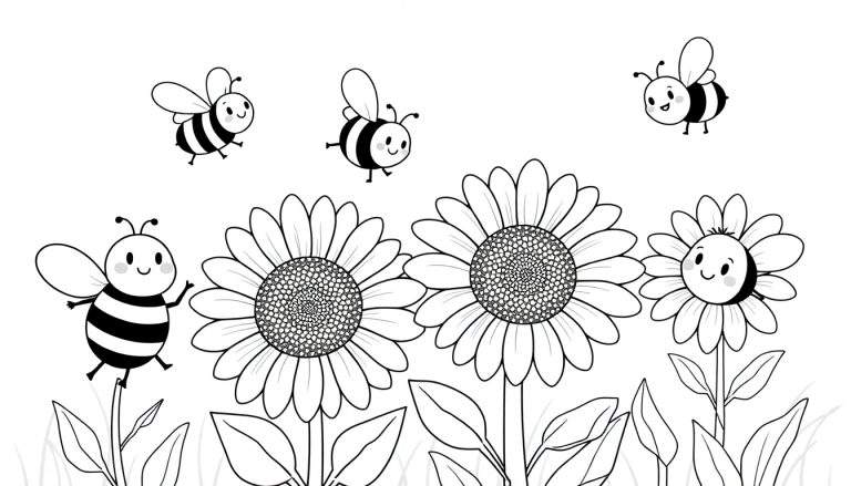 Página para colorear de una placa de color con abejas sonrientes y girasoles.