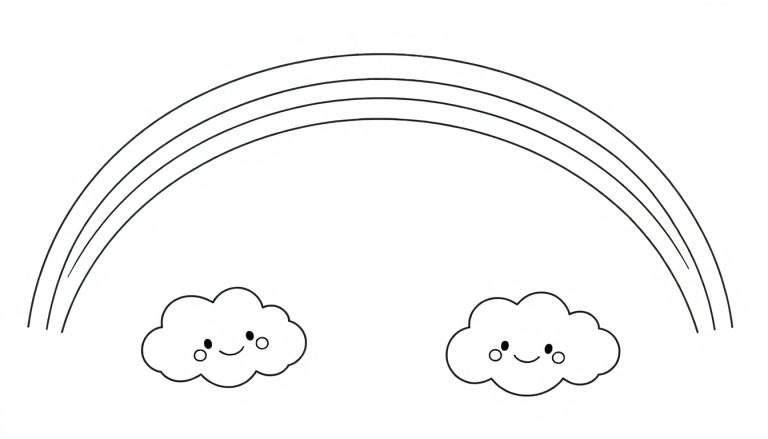 Un dibujo sencillo en blanco y negro de un arcoíris amigable y dos nubes sonrientes, listo para colorear. Cada arco de la placa de color es paralelo.