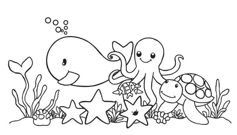 Placa de color con animales marinos sonrientes para colorear.