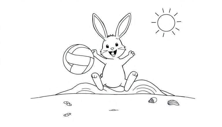 Placa de color para colorear de un conejito sonriente jugando voleibol en la playa con una pelota sonriente.