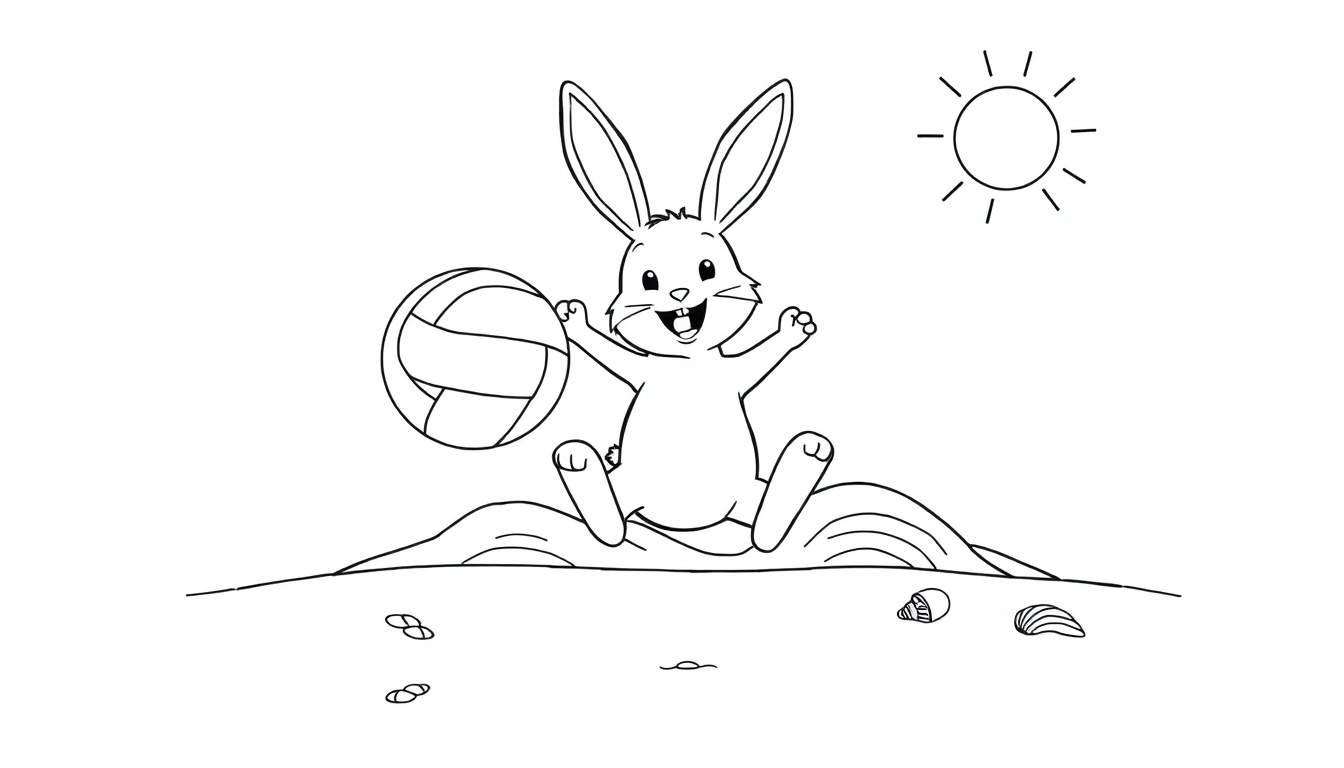 Placa de color para colorear de un conejito sonriente jugando voleibol en la playa con una pelota sonriente.