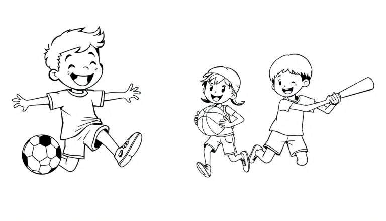 Placa de color: Tres niños sonriendo jugando al fútbol, baloncesto y béisbol en blanco y negro.