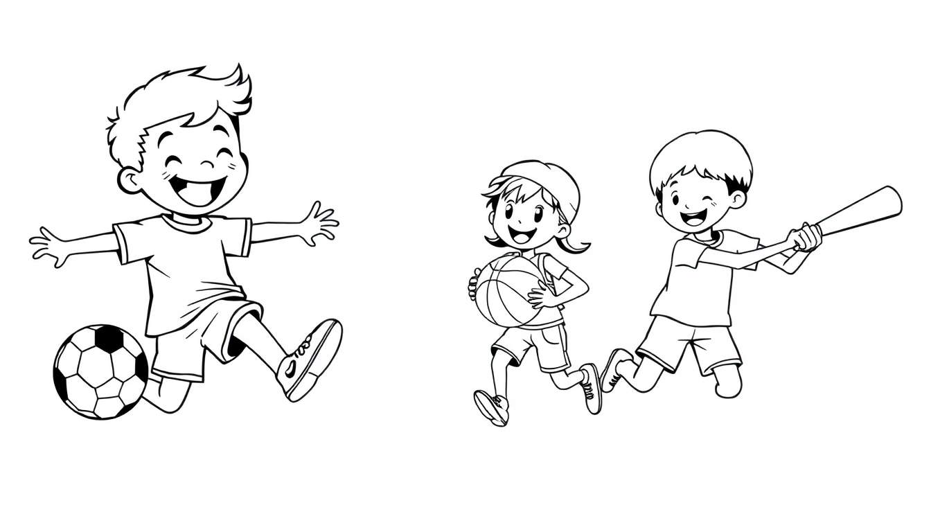 Placa de color: Tres niños sonriendo jugando al fútbol, baloncesto y béisbol en blanco y negro.
