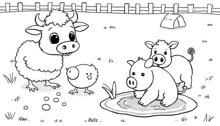 Placa de color de granja con vaca, pollito y cerdos.