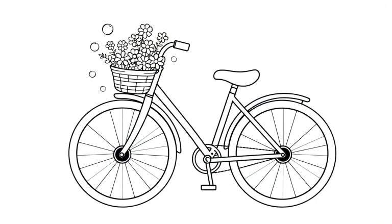 Placa de color de una bicicleta clásica con un cesto de flores.