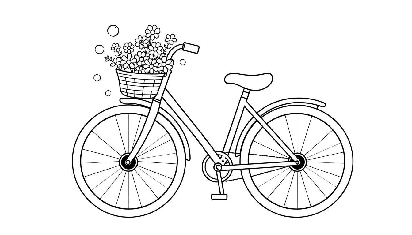 Placa de color de una bicicleta clásica con un cesto de flores.