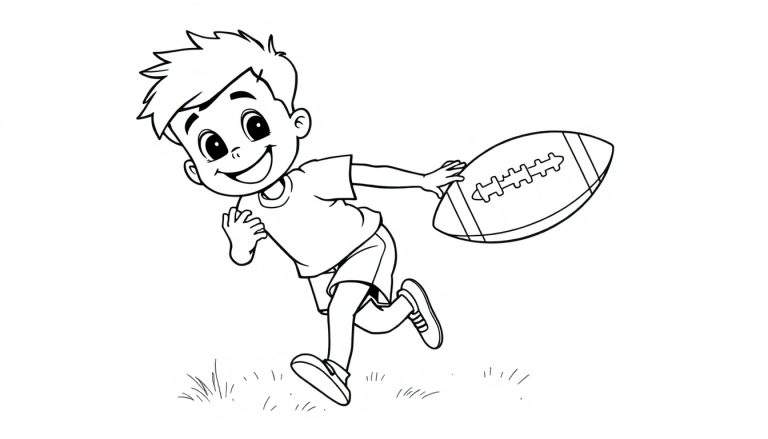 Una placa de color para colorear de un niño sonriente corriendo con un balón de fútbol americano.