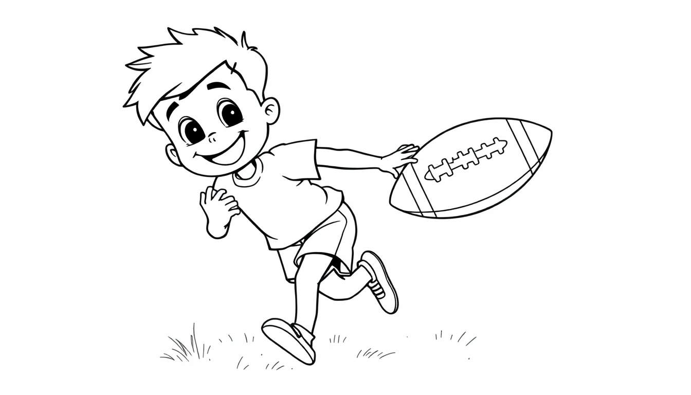 Una placa de color para colorear de un niño sonriente corriendo con un balón de fútbol americano.