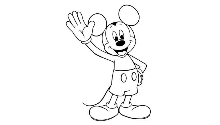 Una placa de color en blanco y negro de Mickey Mouse saludando con una gran sonrisa.