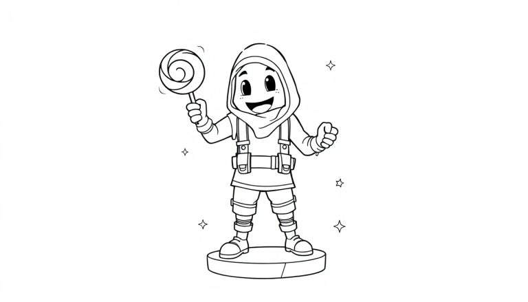 Un personaje sonriente con capucha listo para colorear, sosteniendo un chupetín, con estrellas y la palabra 'placa de color'.