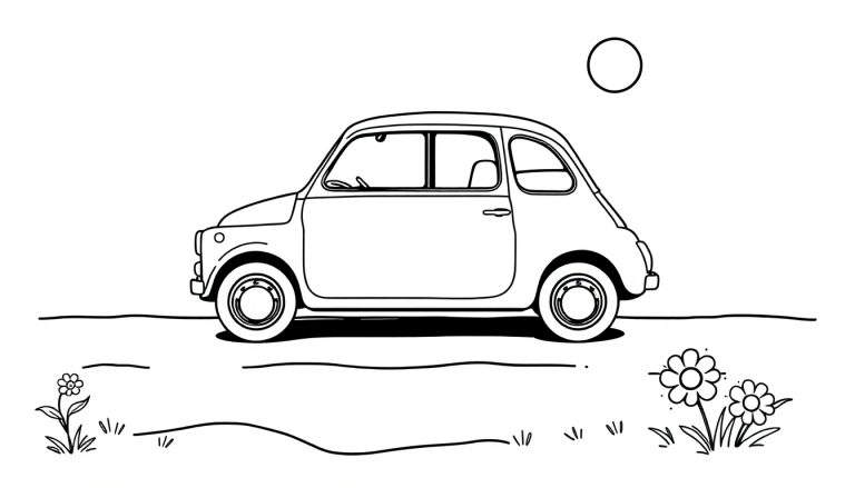 Un coche Fiat 500 vintage blanco y negro para colorear sobre una placa de color de fondo.
