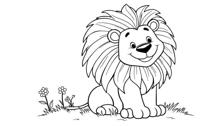 Placa de color de un león de dibujos animados amigable sentado en la hierba con flores.