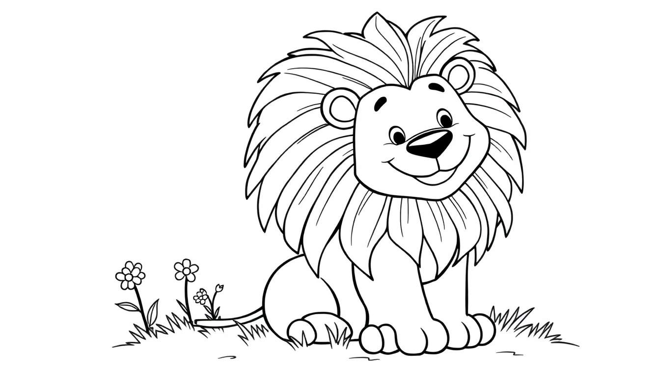 Placa de color de un león de dibujos animados amigable sentado en la hierba con flores.