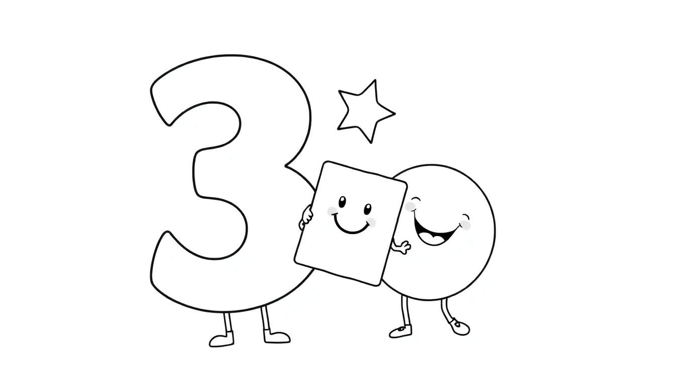 Una placa de color para colorear con un número 3, una estrella, un cuadrado y un círculo sonrientes.